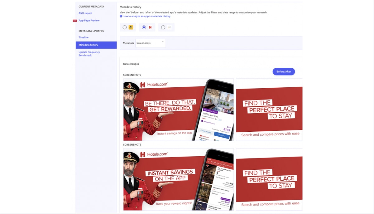 AppTweak ASOツール：Hostels.comのメタデータ履歴