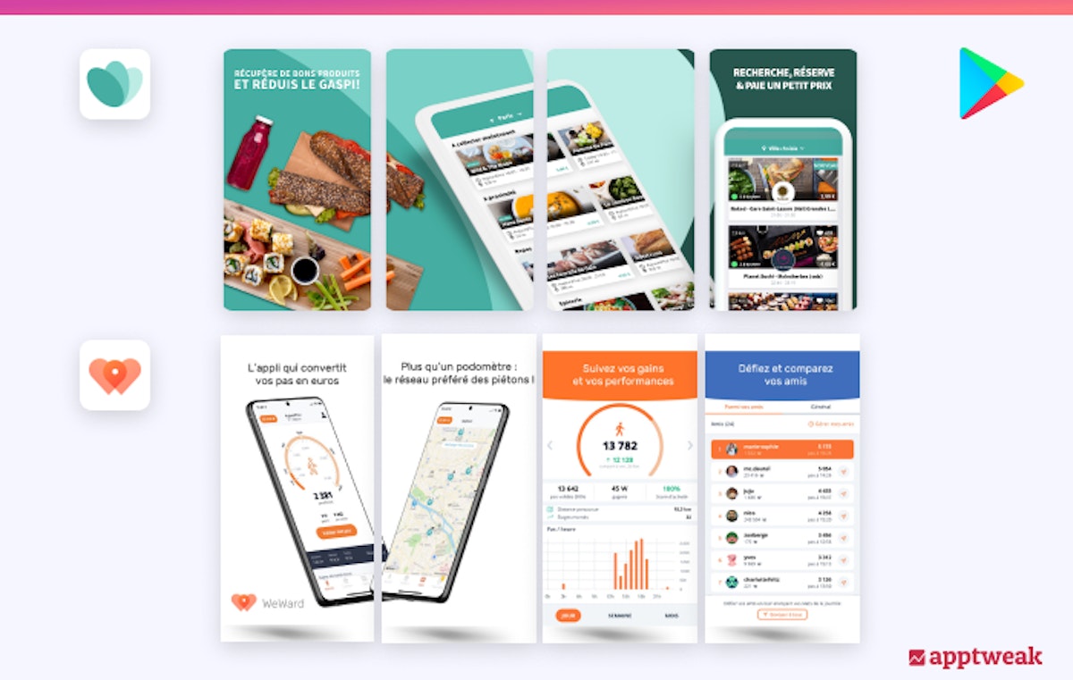 프랑스 시장 앱 스크린샷 구조, Too Good To Go 및 WeWard 예시.