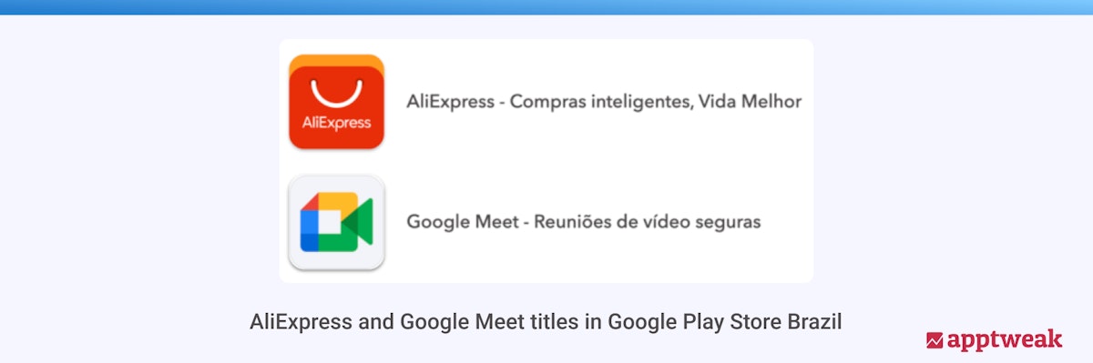 ブラジルにおけるAliExpressとGoogle MeetのGoogle Play Storeアプリタイトル