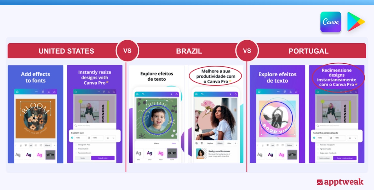 Comparison of Canva's Play Store screenshots in the US, Brazil and Portugal