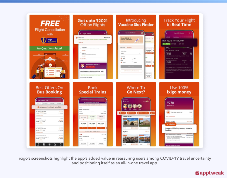ixigo’s screenshots highlight the app’s added value in reassuring users among COVID-19 travel uncertainty and positioning itself as an all-in-one travel app.