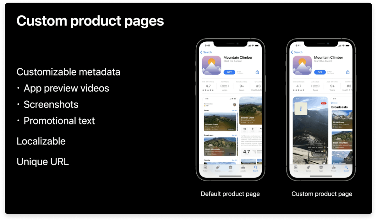 Apple's custom product pages will allow app marketers to customize their app preview videos, screenshots, and/or promotional text on the App Store. They will be localizable and accessible via a unique URL.