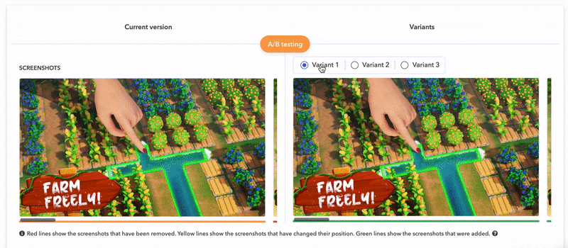 AppTweakは、貴社のアプリと競合アプリで実行されているA/Bテストのバリアントを表示します。