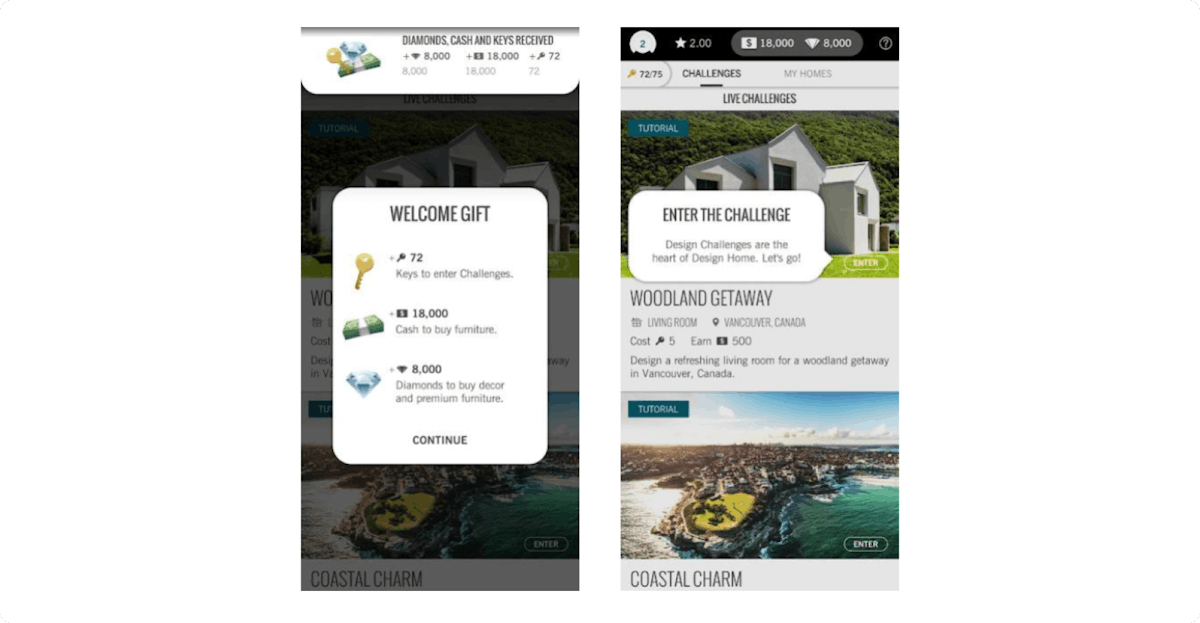 Design Home 通过欢迎礼物激活用户。