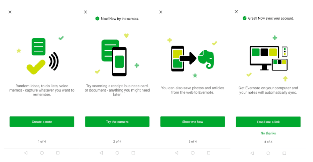 Evernote 在新用户引导过程中突出了其竞争性功能。
