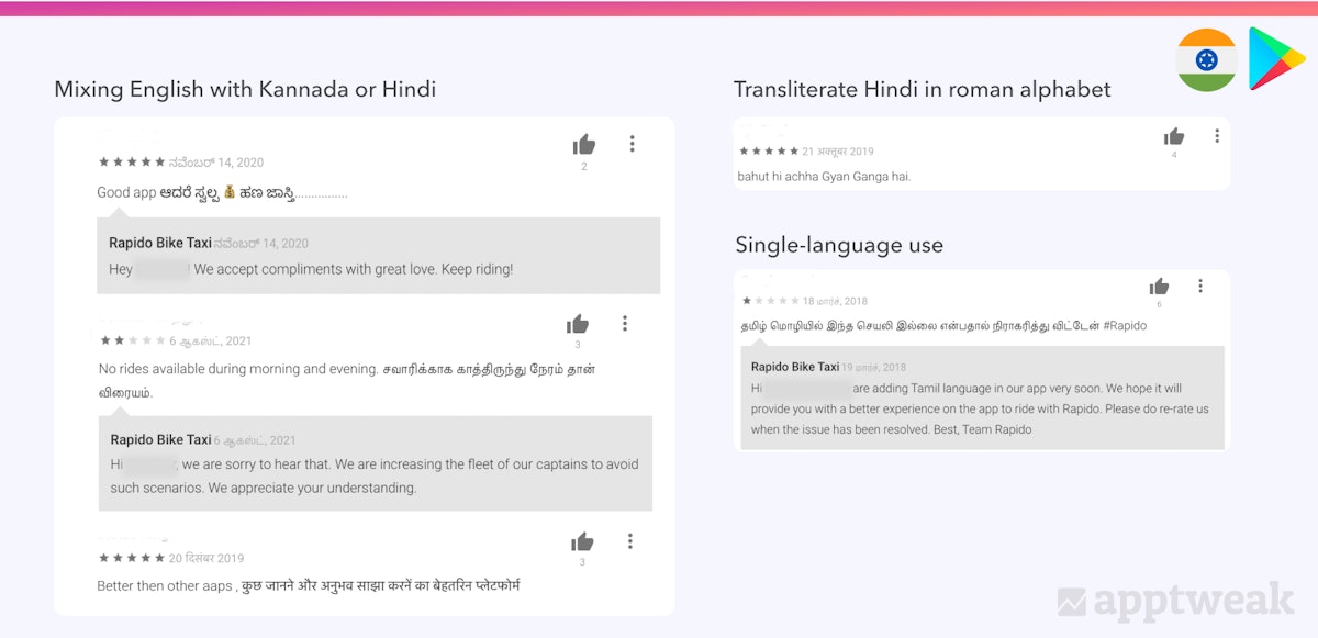 Playストアでレビューを書くときにインド人が使用する言語