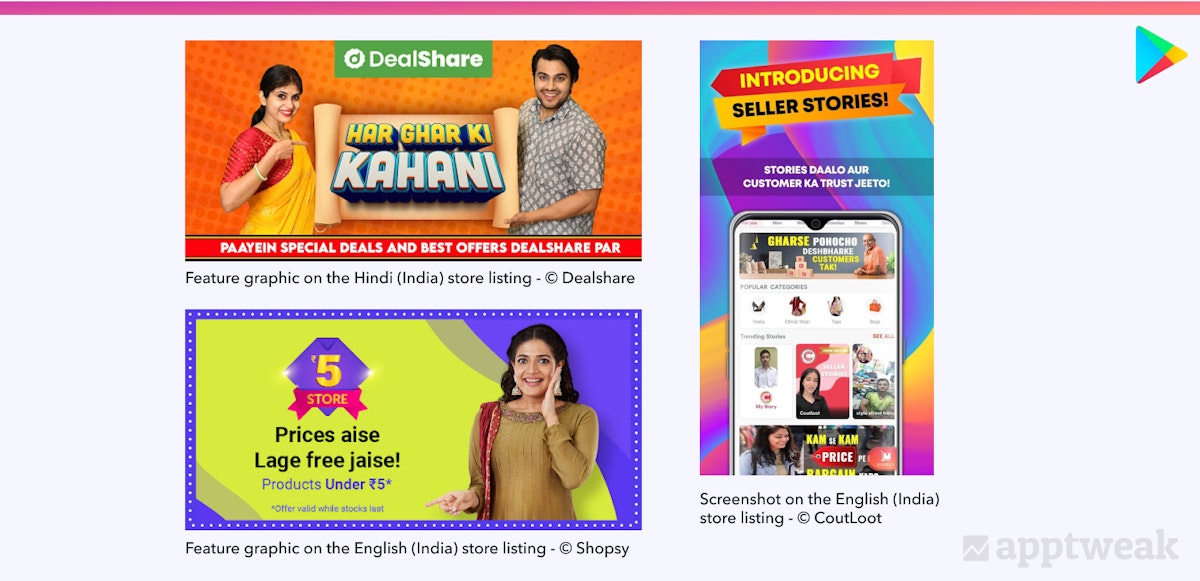 Playストアでの英語と音訳されたヒンディー語を混ぜたキャプションを持つインドのアプリのビジュアル