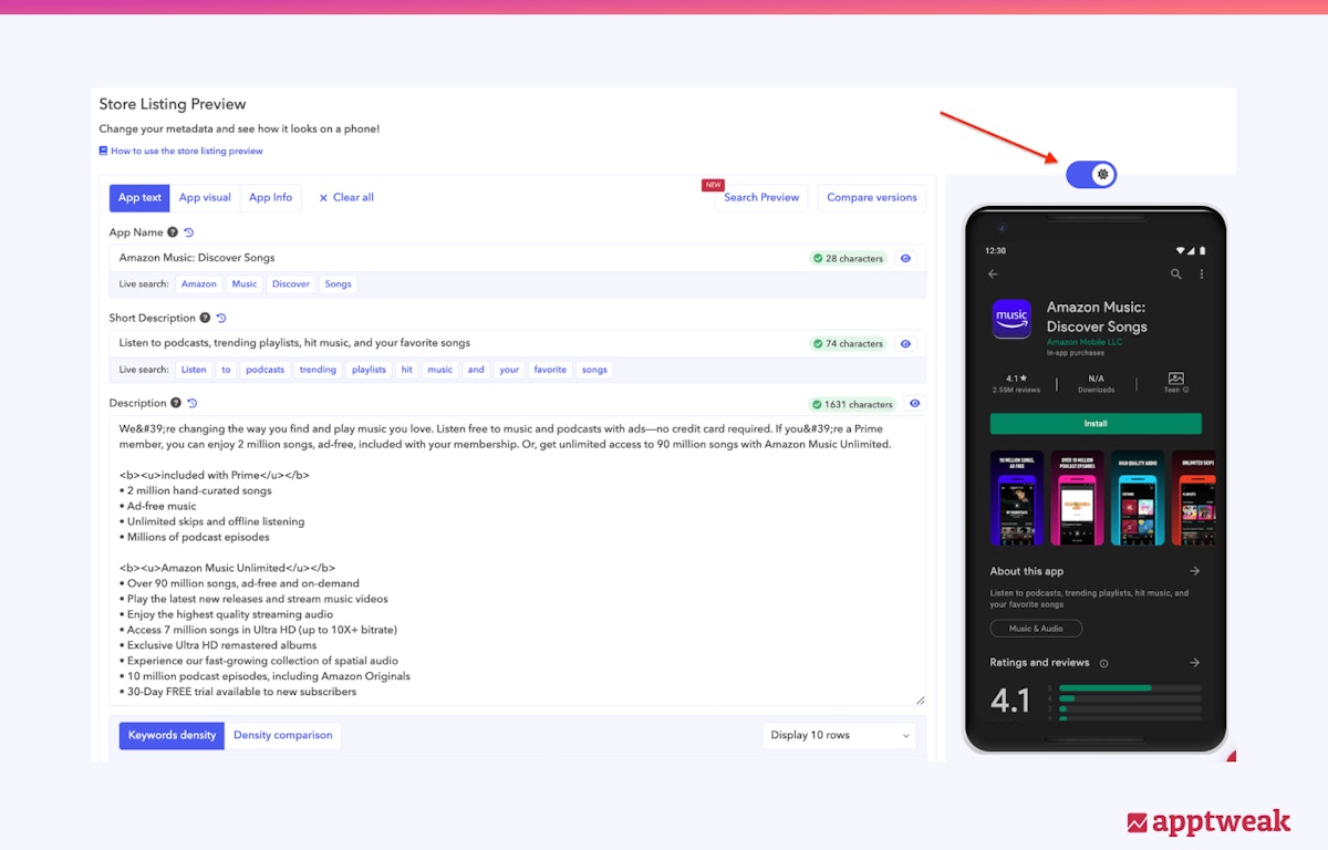 AppTweak에서 다크 모드로 새로운 메타데이터를 미리 보십시오.