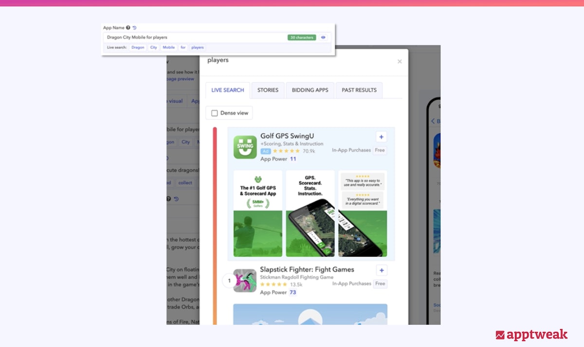 앱 메타데이터에 추가된 모든 키워드에 대해 실시간 검색을 수행하십시오.
