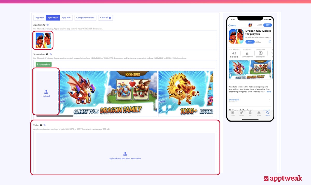 앱 페이지 미리보기 또는 스토어 등록 정보 미리보기로 새로운 크리에이티브를 업로드하고 시각화하십시오.