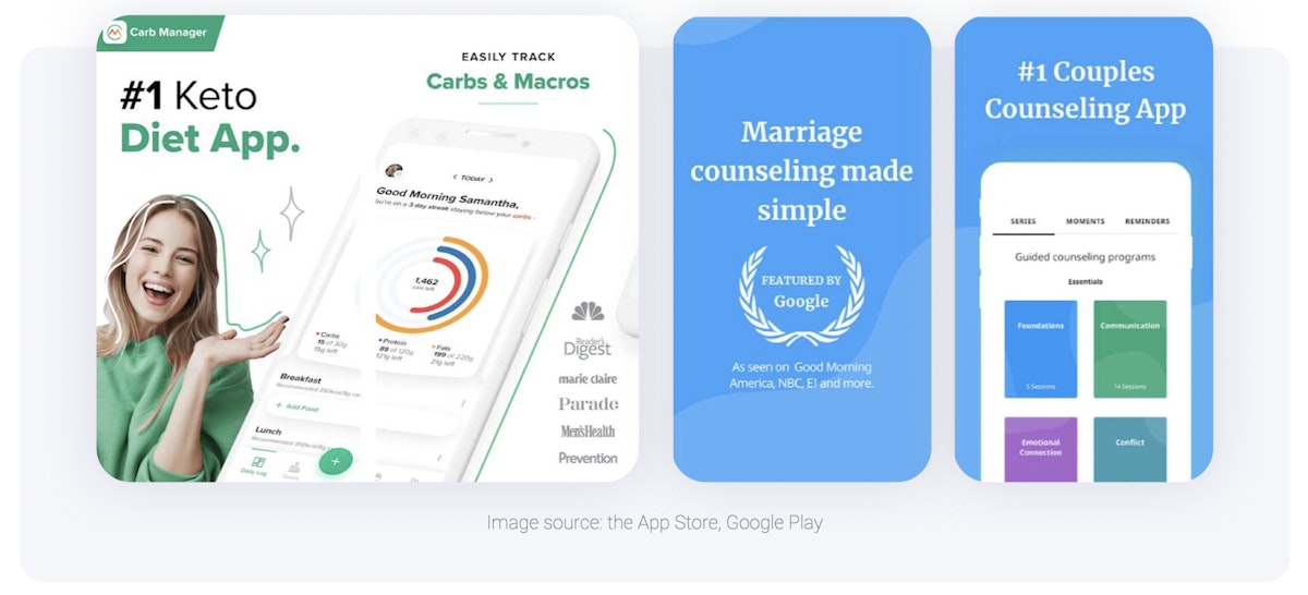 満足したユーザーのポートレートとメディア機能のリストは即座に信頼を築きます