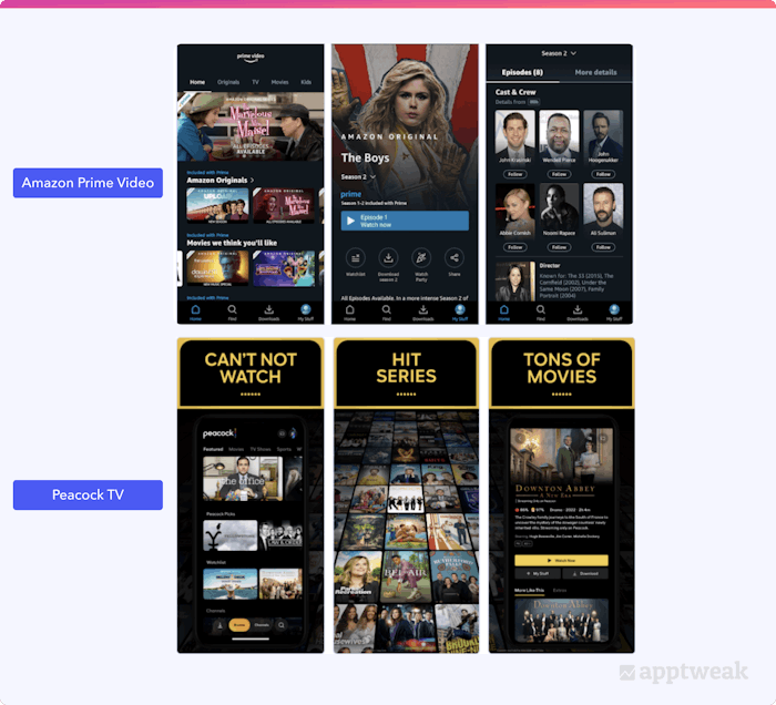 App screenshots for Amazon Prime Video on Google Play and Peacock TV on the App Store, US