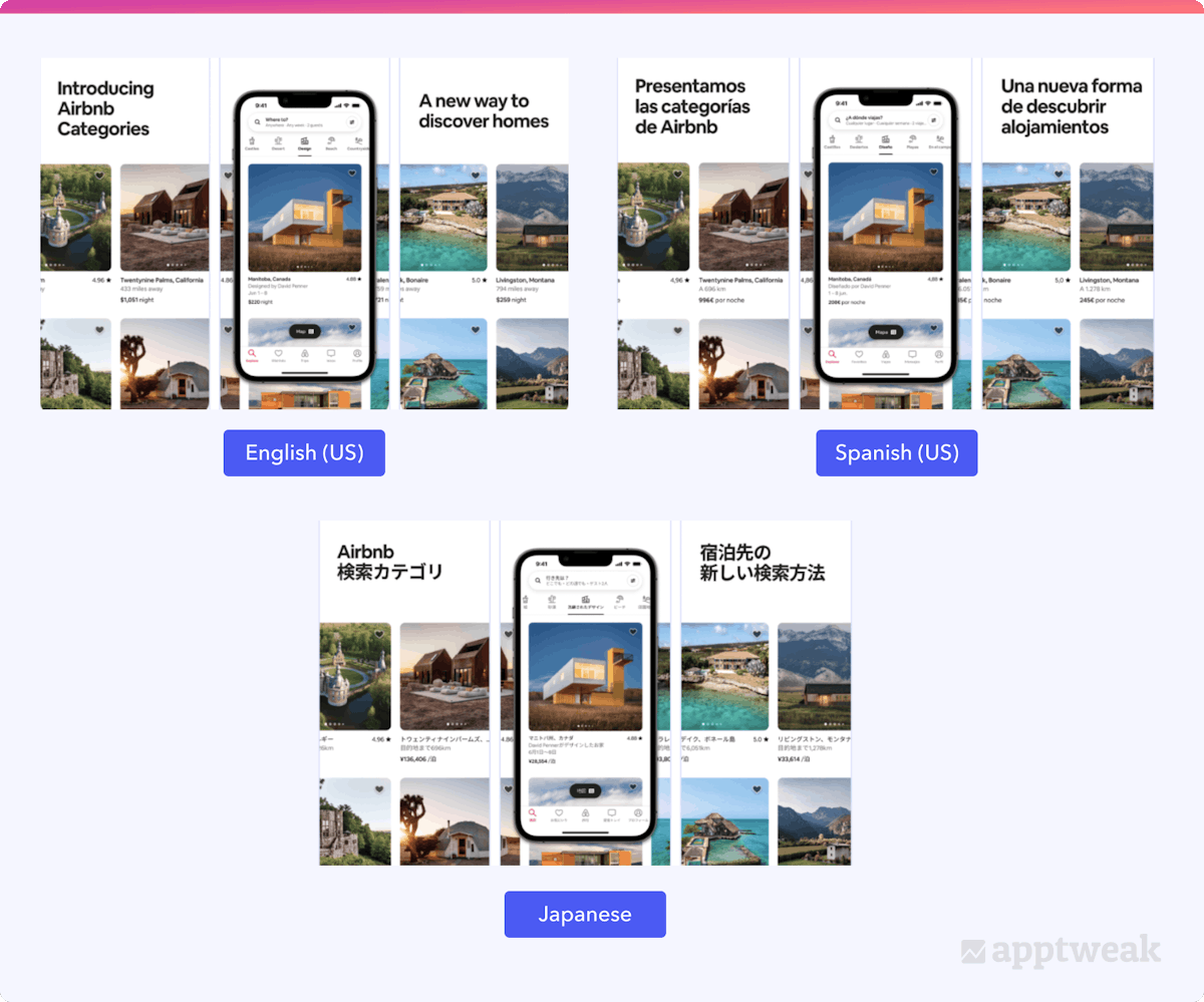 Airbnb localized its app screenshots for the US in English and Spanish, and Japanese on the App Store