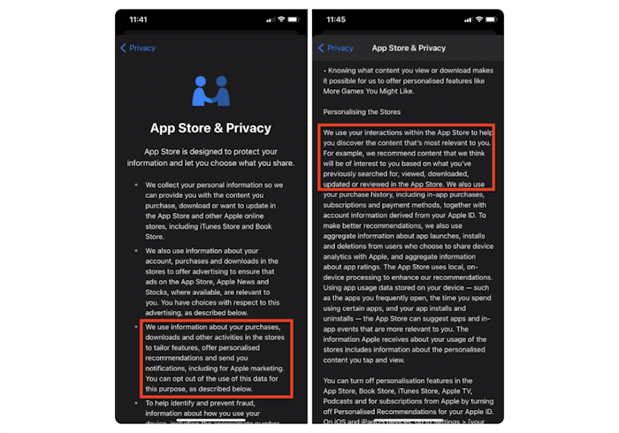 App Store privacy policy notes