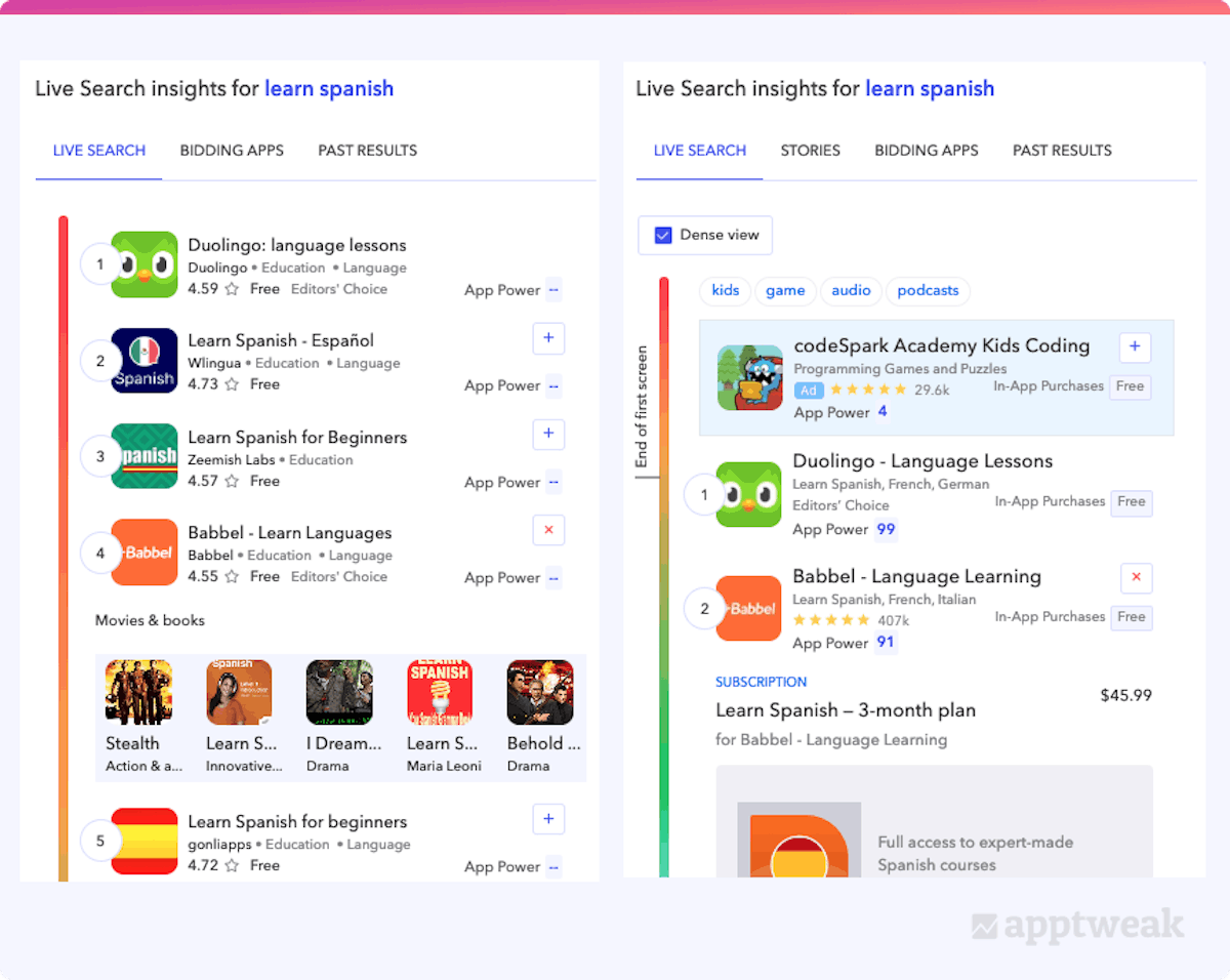米国のGoogle PlayとApp Storeでのキーワード「learn spanish」のライブサーチ