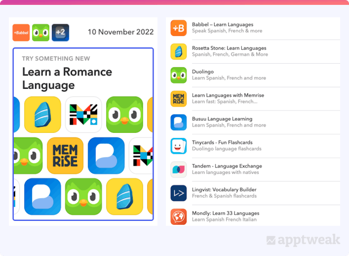 Learn a Romance Language group appeared in the featured collection Try Something New in the US App Store