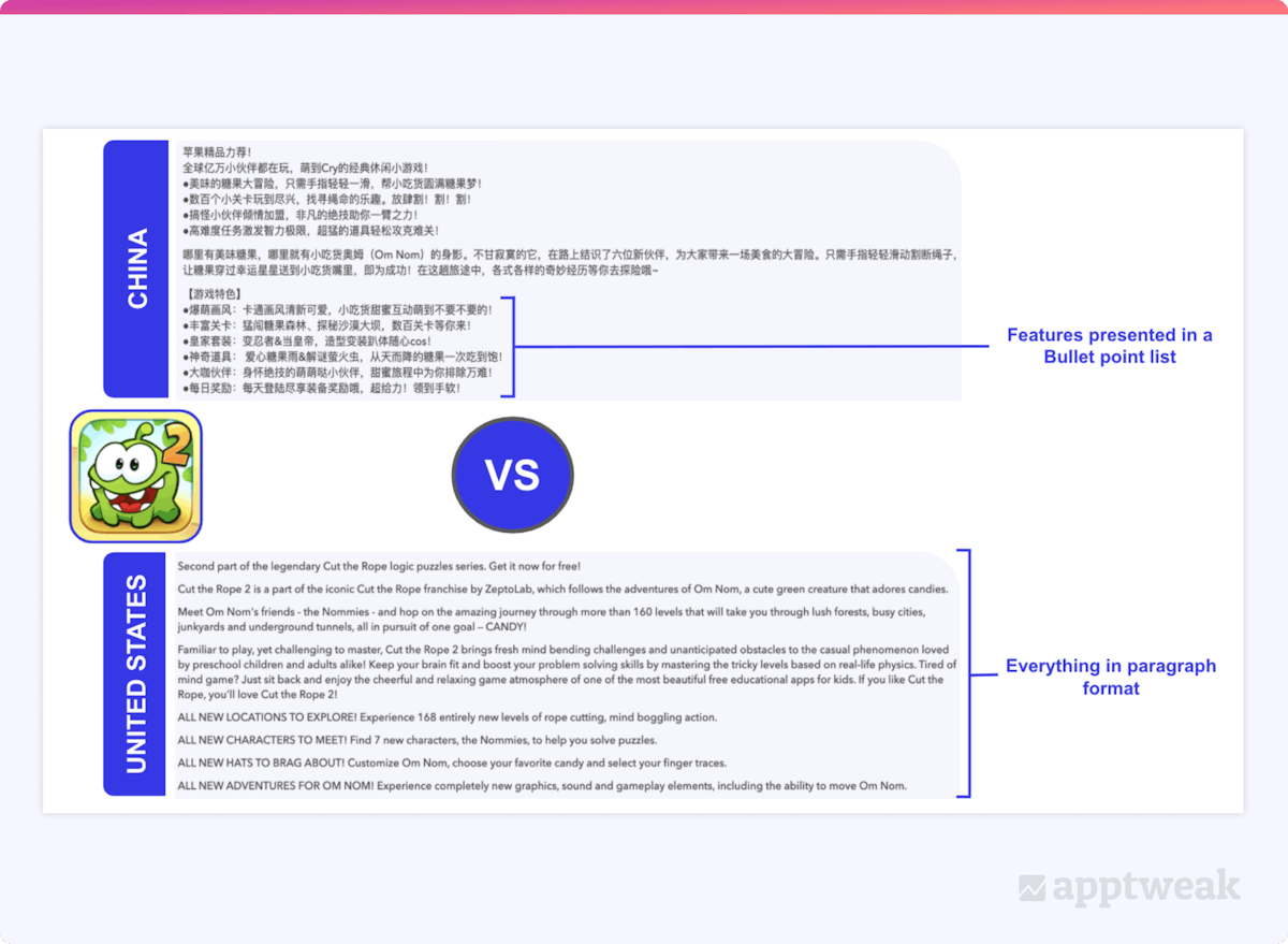 美国与中国应用商店中的应用长描述示例