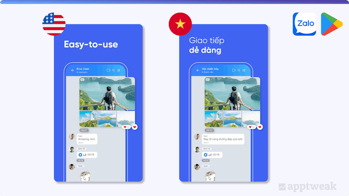 Example of Zalo app showing the difference in character length between English and Vietnamese