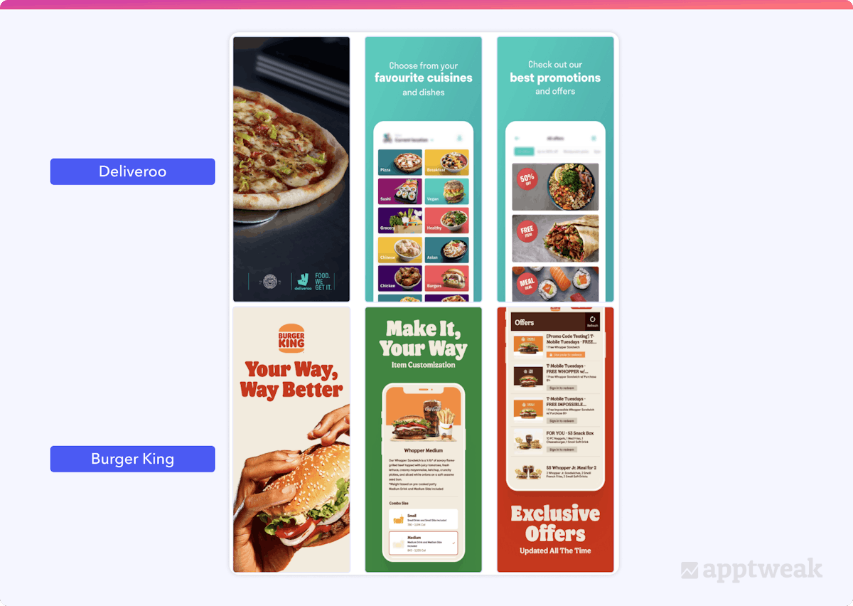 App screenshots for Deliveroo and Burger King on the App Store, US