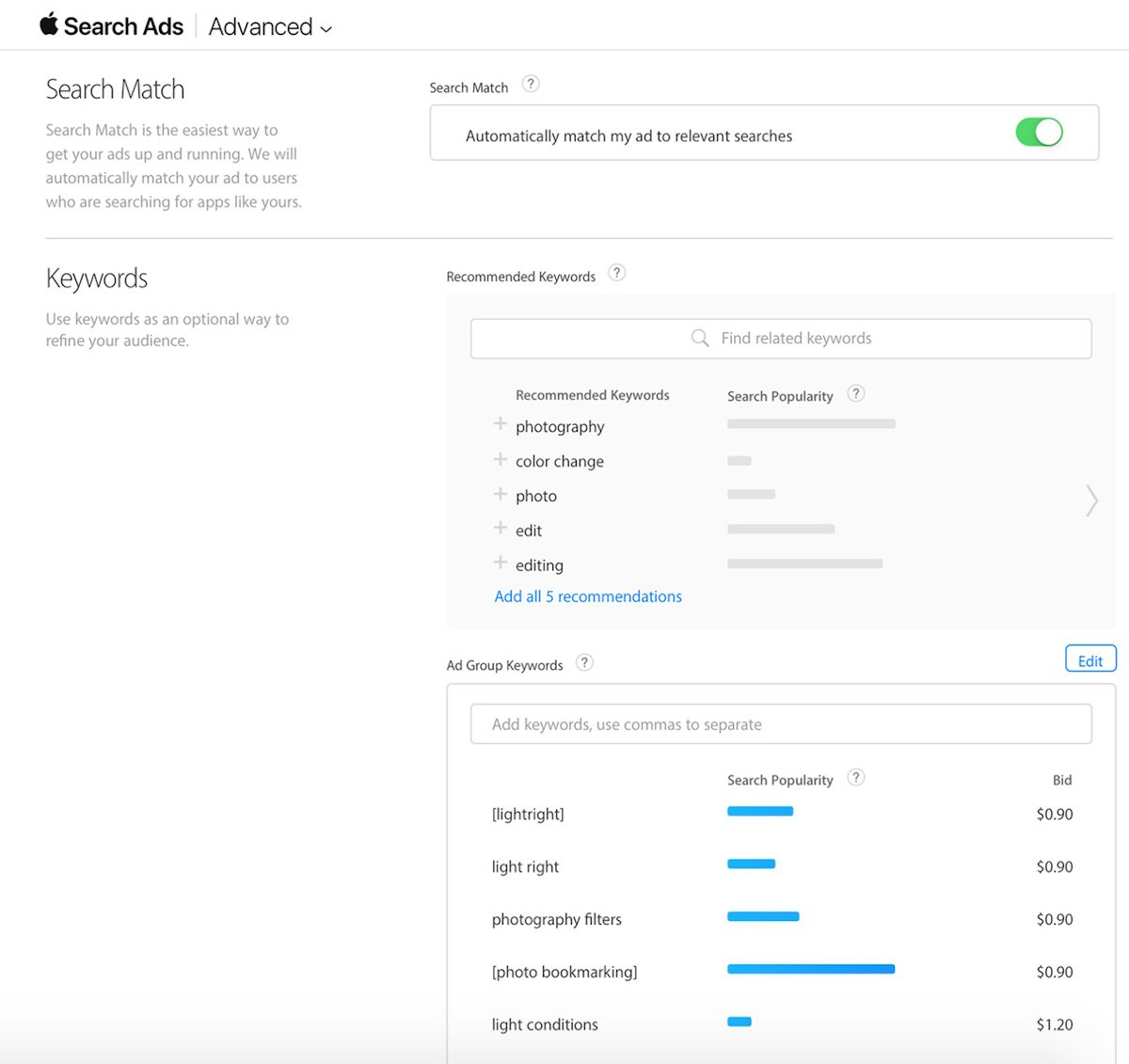 Apple Search Ads Advanced - keyword selection