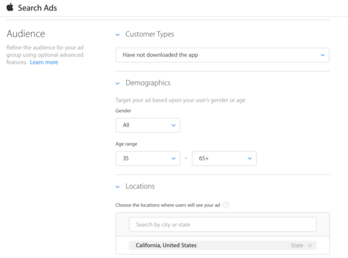 Apple Search Ads: audience selection